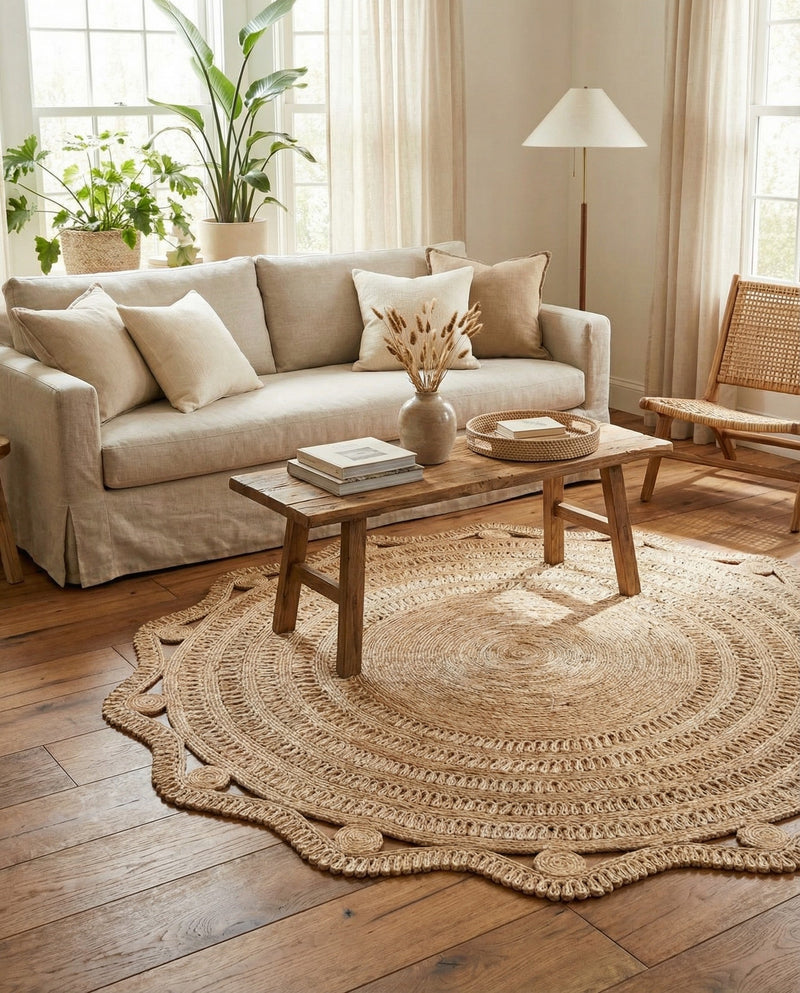 Woven Seaside Jute Collection Area Rug - Nantucket Round Natural and White  lifestyle 79