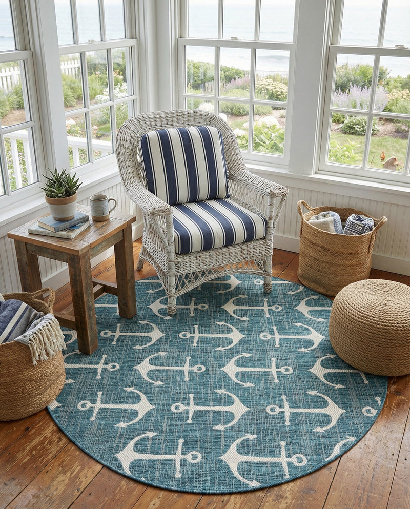 Seaside Haven Rugs Collection Area Rug - Sapphire (Teal) Round Teal  lifestyle 32