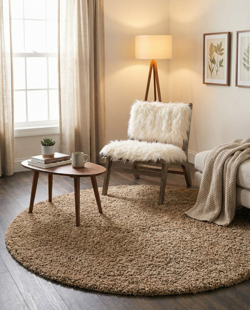 Plush Oasis Collection Area Rug - Serenity (Sandy Brown) Round Sandy Brown  lifestyle 46