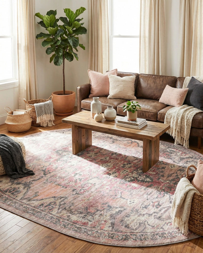 Vintage Memories Collection Area Rug - Echoes Oval Beige pink  lifestyle 64