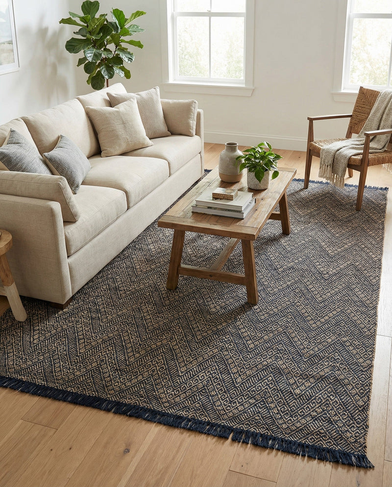Woven Seaside Jute Collection Area Rug - Oia Rectangle Navy Blue and White  lifestyle 54