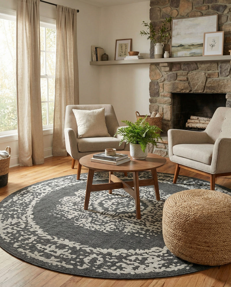 Patio Heritage Collection Area Rug - Savannah (Charcoal Gray) Round Charcoal Gray  lifestyle 64