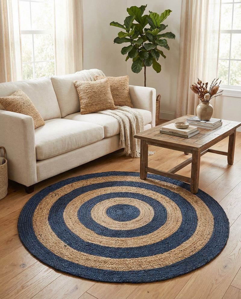 Woven Seaside Jute Collection Area Rug - Nautilus Round Navy Blue Natural  lifestyle 62