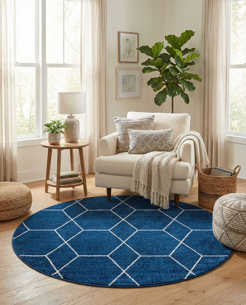 Trellis Mosaic Collection Area Rug - Arborville (Navy Blue) Round Navy Blue  lifestyle 36