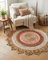 Woven Seaside Jute Collection Area Rug - Coastalhaven (Natural White Orange Pink) Round Natural White Orange Pink  lifestyle 13