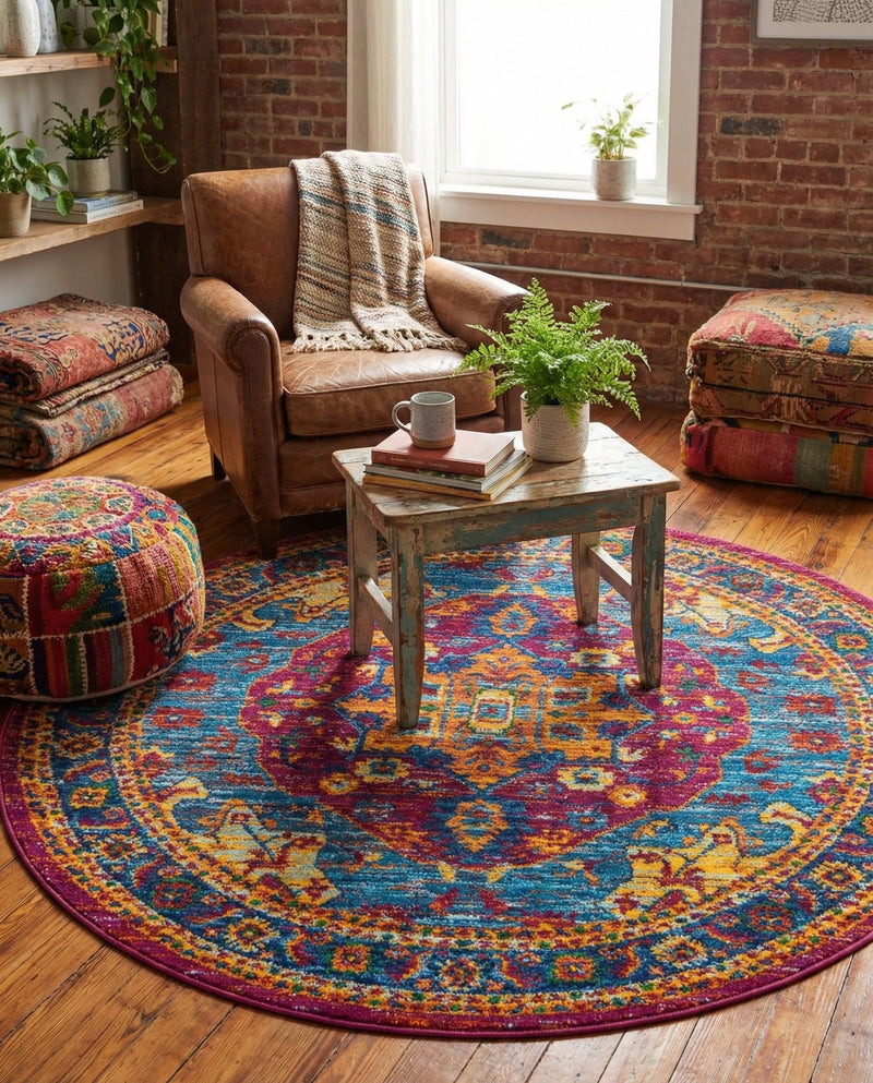 Caribbean Cove Collection Area Rug -  Canouan Round Pink Blue  lifestyle 42