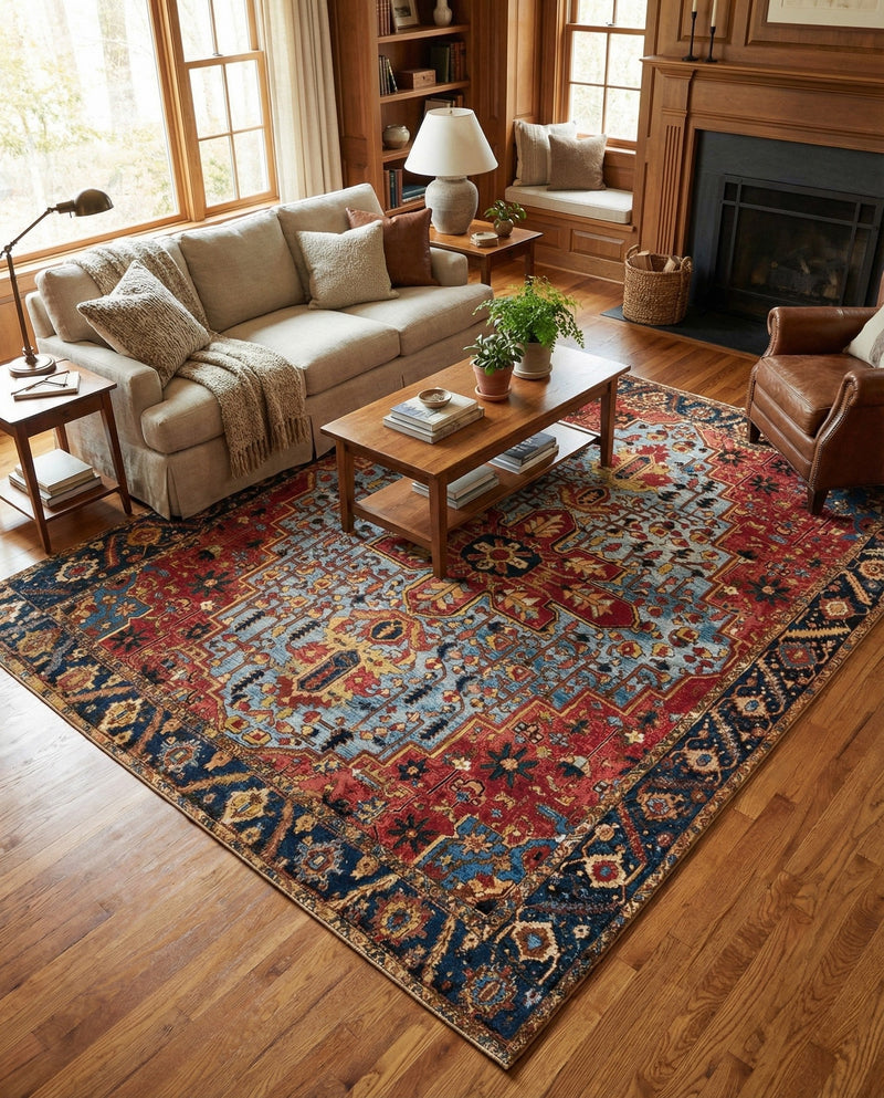 Patio Heritage Collection Area Rug -  Garden Rectangle Rust Red and Blue  lifestyle 18