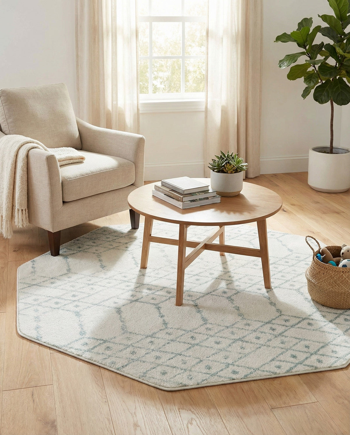 Marrakesh Lattice Collection Area Rug - Casablanca (Ivory Aqua) Octagon Ivory Aqua  lifestyle 90