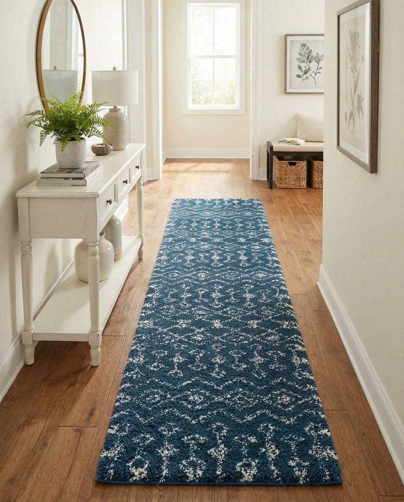Berber Lattice Shag Collection Area Rug - Atlas (Navy Blue) Runner Navy Blue  lifestyle 44