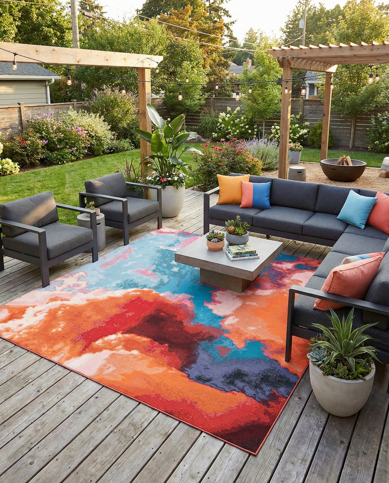 Urban Terrace Collection Area Rug -  Patio Square Gray and Pink  lifestyle 50