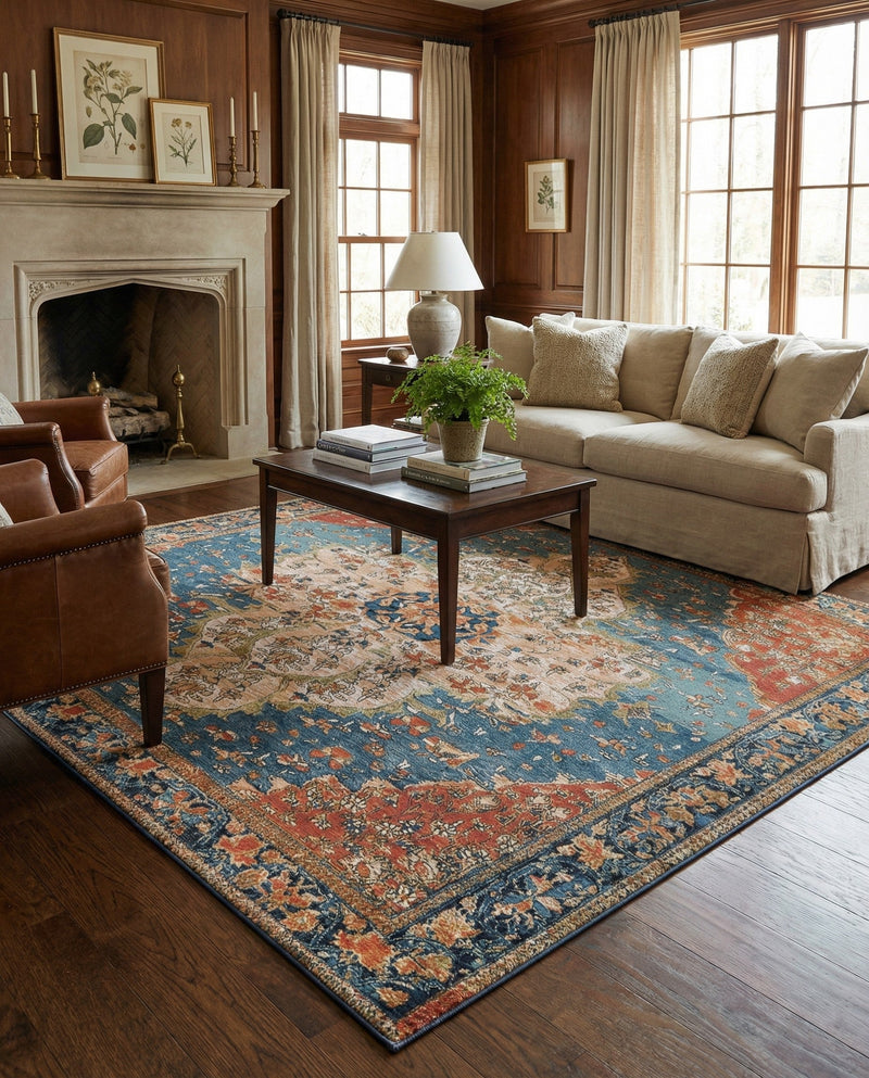 Patio Heritage Collection Area Rug -  Grove Square Navy Blue and Rust Red  lifestyle 72