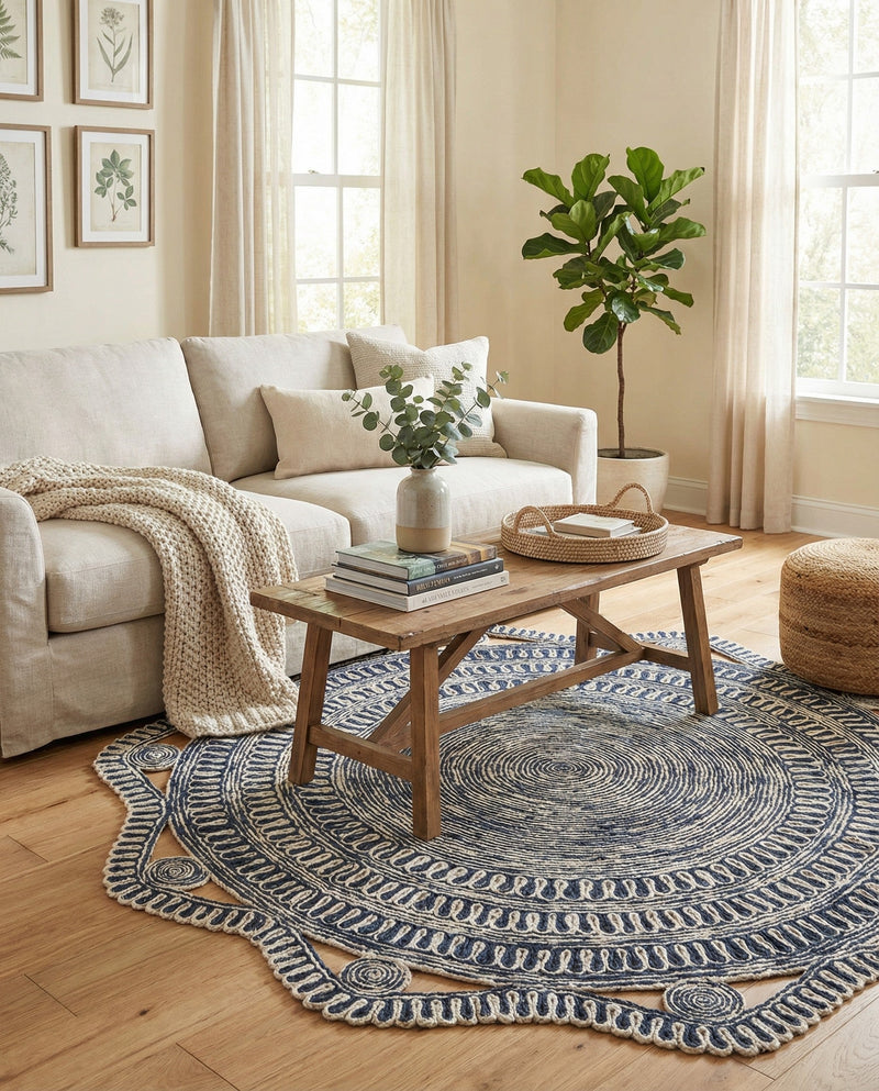 Woven Seaside Jute Collection Area Rug - Nantucket Round Navy and White  lifestyle 36