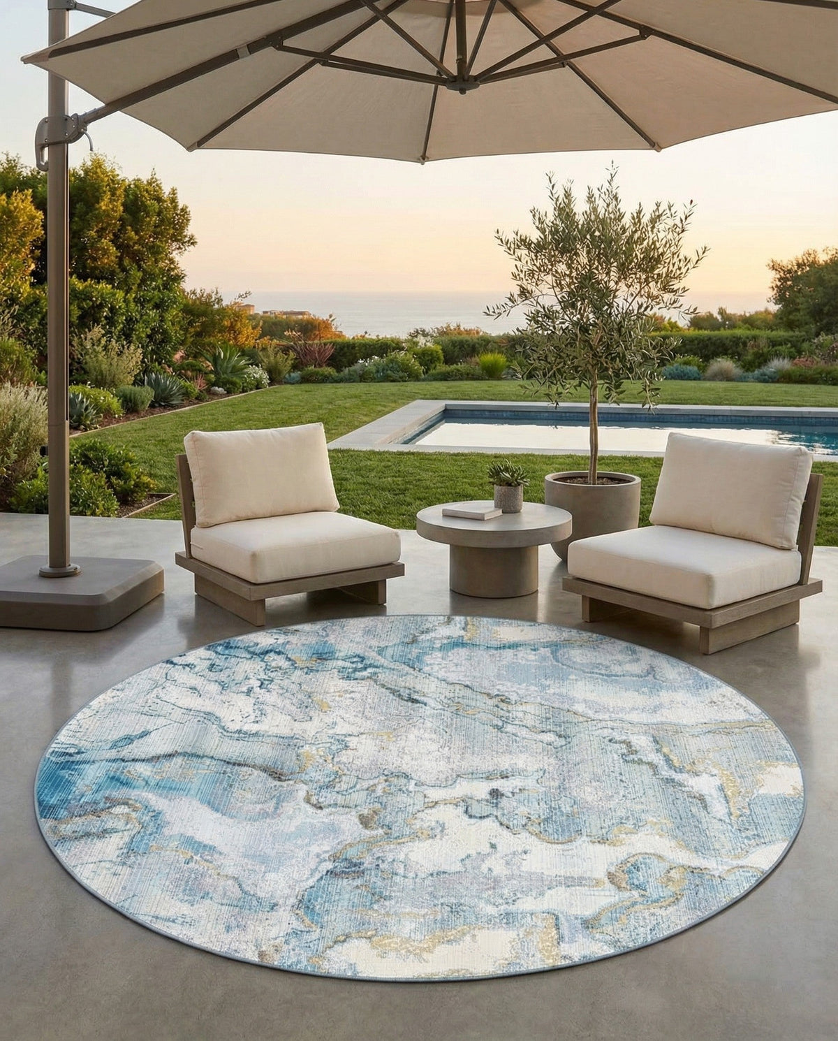 Urban Terrace Collection Area Rug -  Vertex Round Blue and Ivory  lifestyle 96