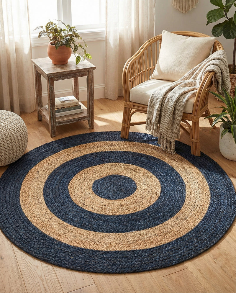 Woven Seaside Jute Collection Area Rug - Nautilus Round Navy Blue Natural  lifestyle 60
