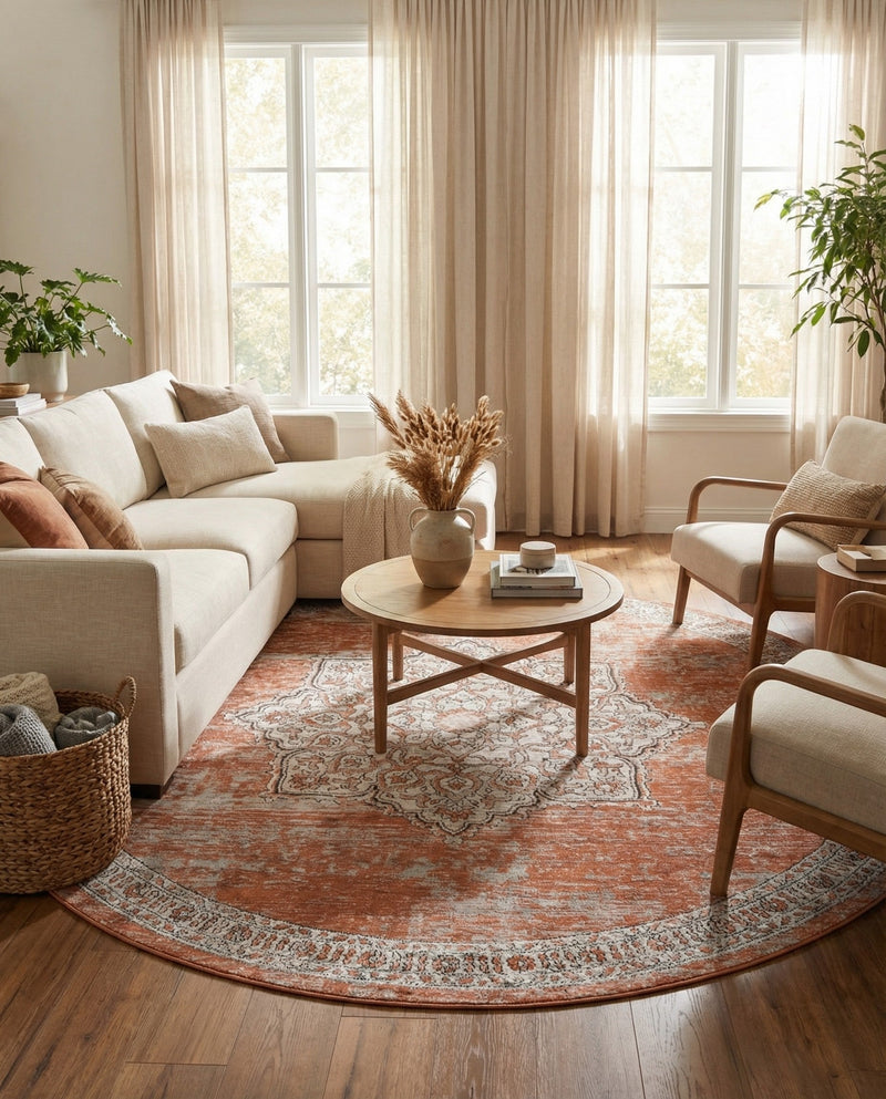 Mykonos Manor Collection Area Rug -  Tinos (Salmon Pink) Round Salmon Pink  lifestyle 70