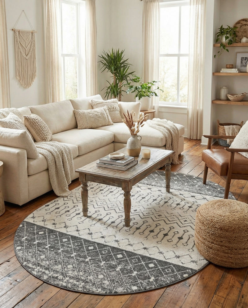 Mediterranean Lattice Collection Area Rug -  Casablanca (Ivory and Gray) Oval Ivory and Gray  lifestyle 28