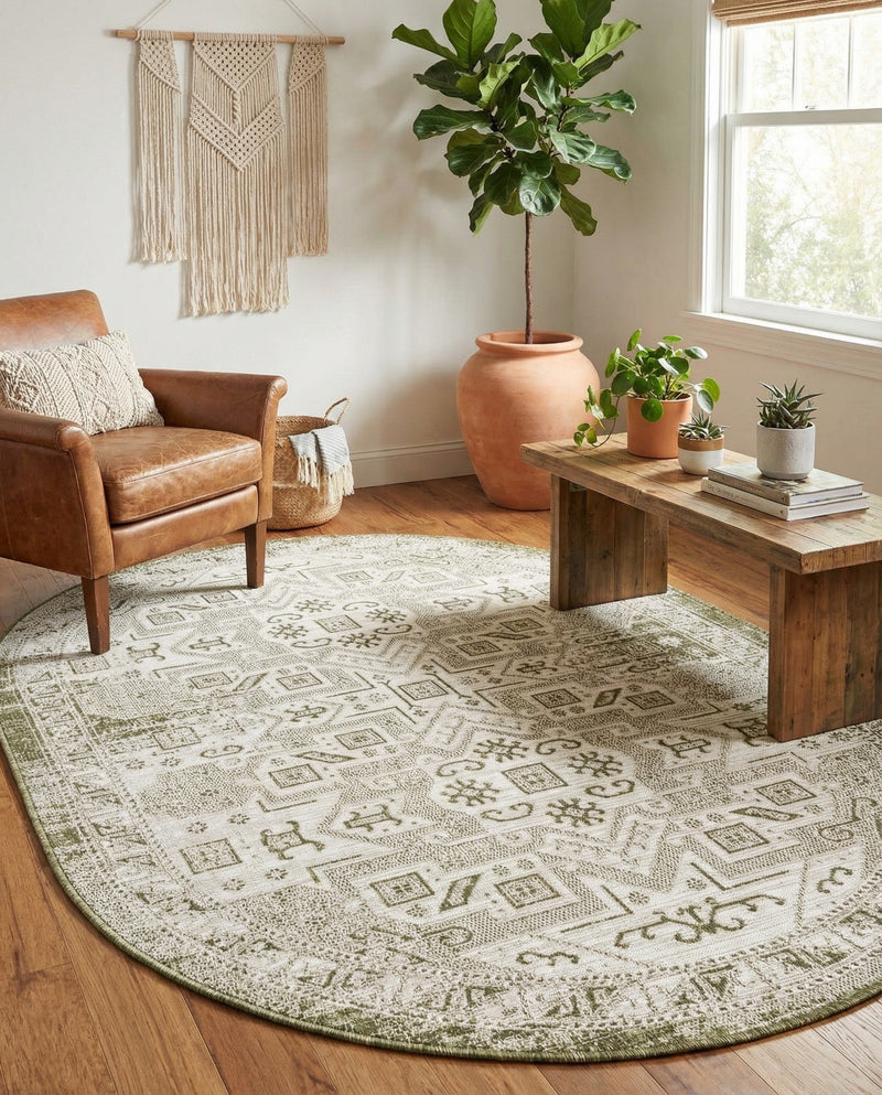 Tribal Terrace Treasures Collection Area Rug - Mayan Marina (Green) Oval Green  lifestyle 83