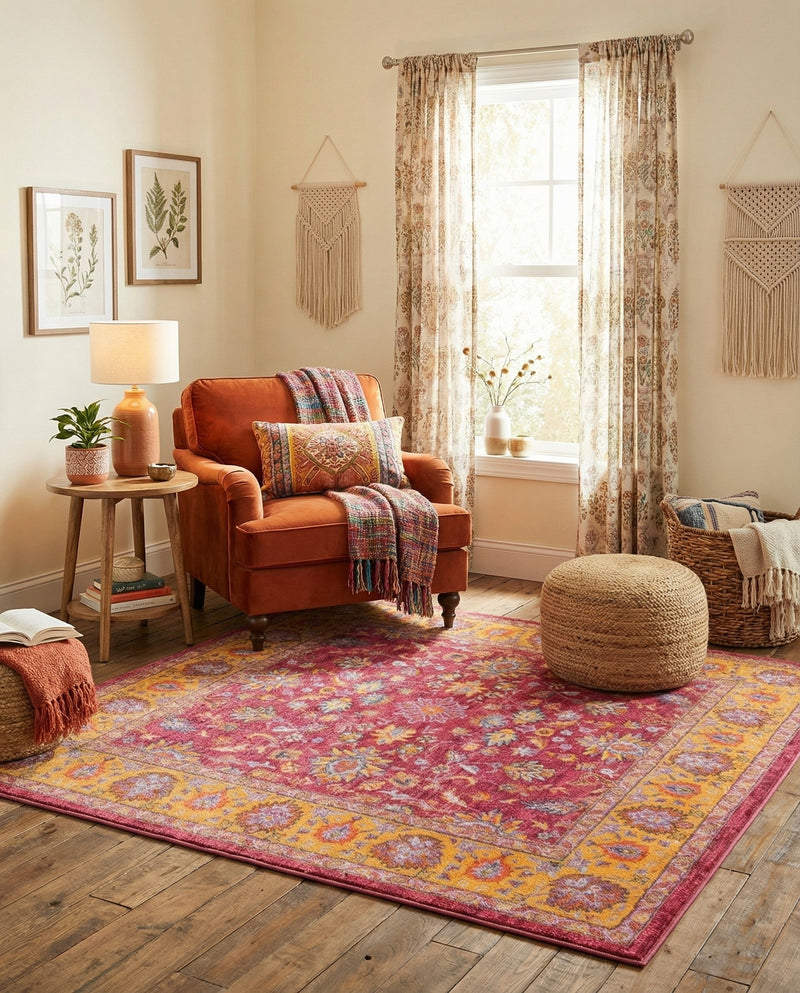 Casablanca Tapestry Collection Area Rug -  Marrakech (Berry Pink) Square Berry Pink  lifestyle 25