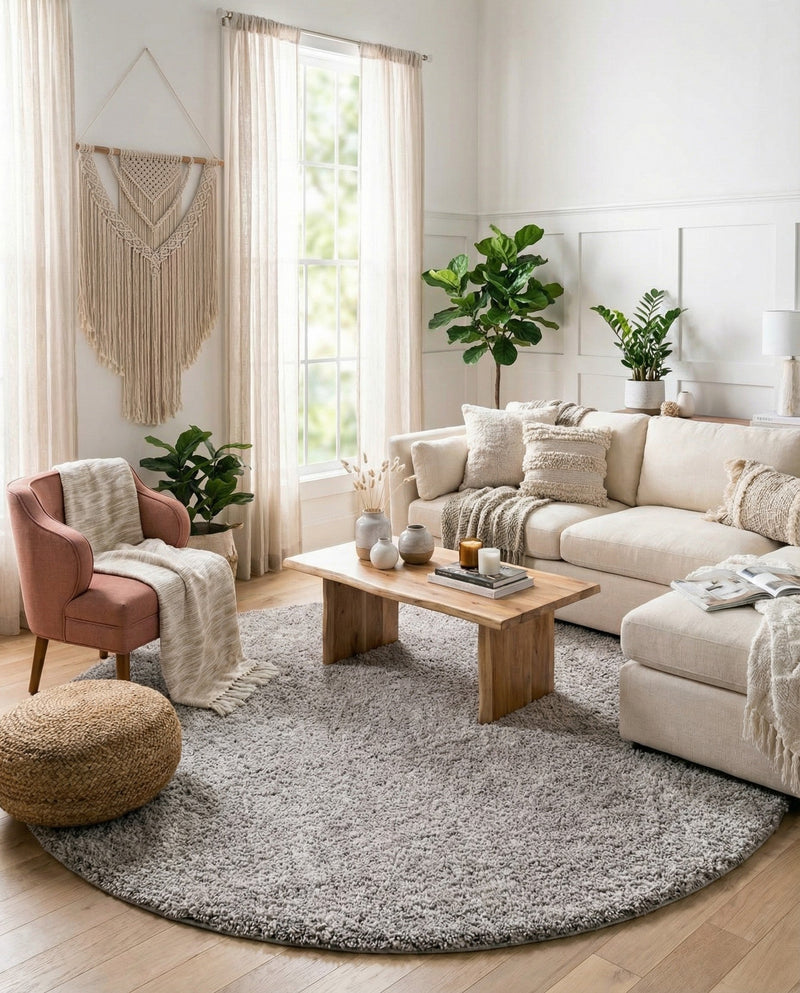 Plush Paradise Retreat Collection Area Rug - Santorini (Ash Gray) Round Ash Gray  lifestyle 20