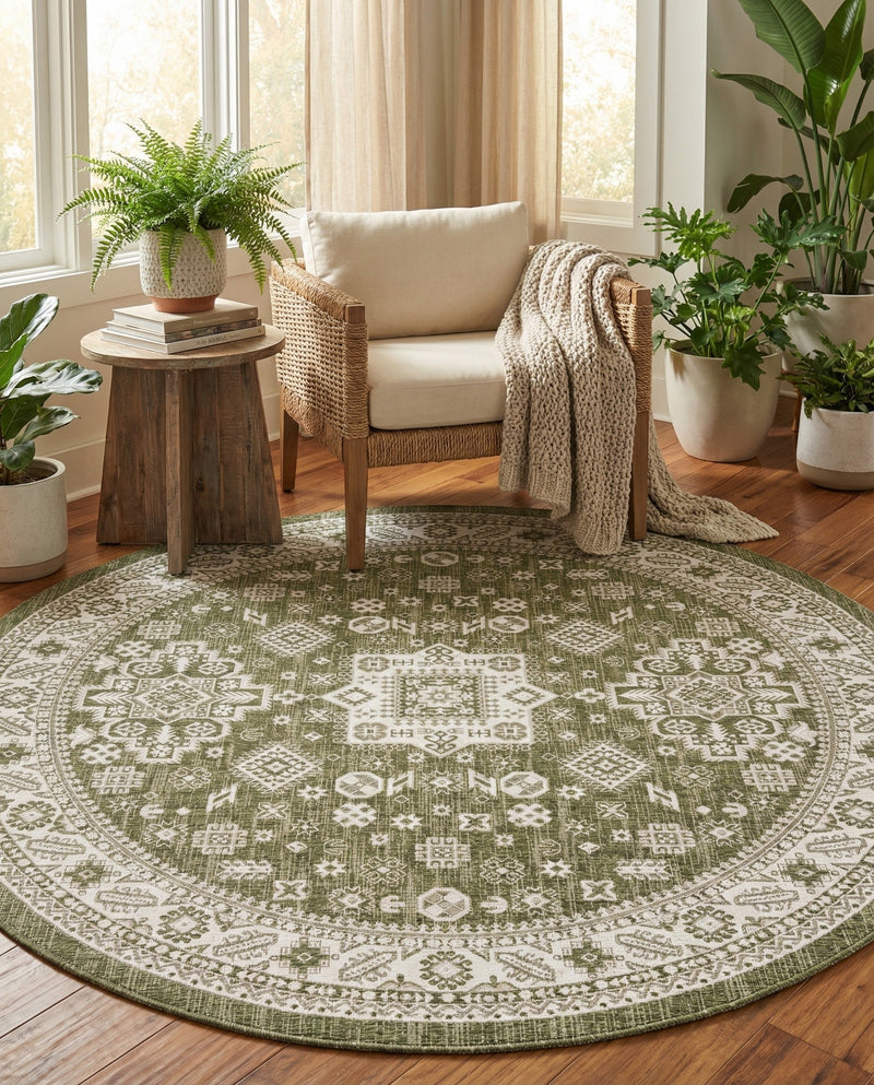 Tribal Terrace Treasures Collection Area Rug -  Incan Isle (Green) Round Green  lifestyle 29