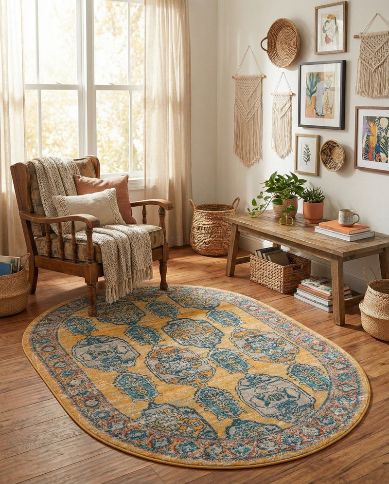 Seville Stripes Collection Area Rug -  Granada (Yellow) Oval Yellow  lifestyle 74