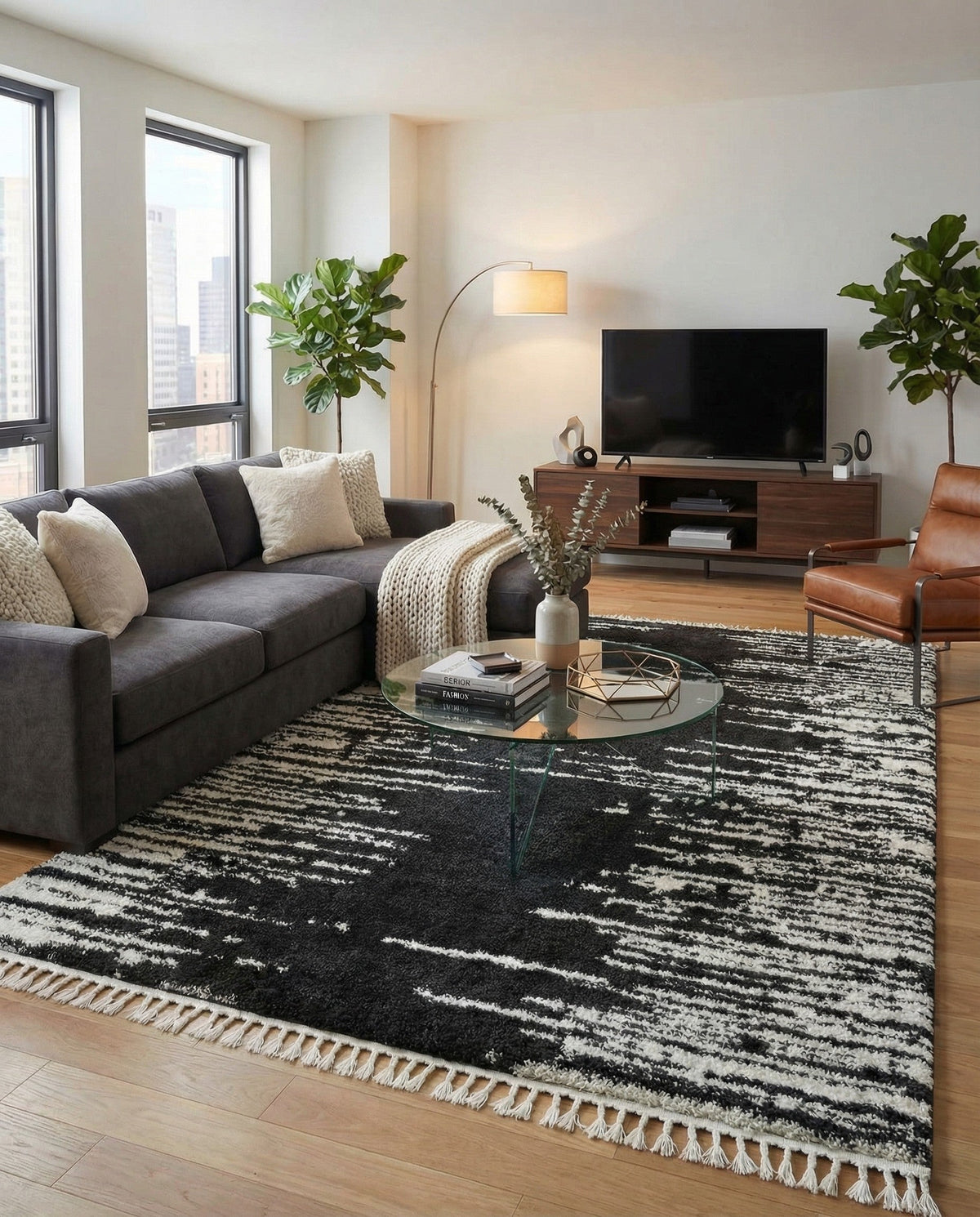 Tranquil Tides Shag Collection Area Rug - Marina Rectangle Black and White  lifestyle 37