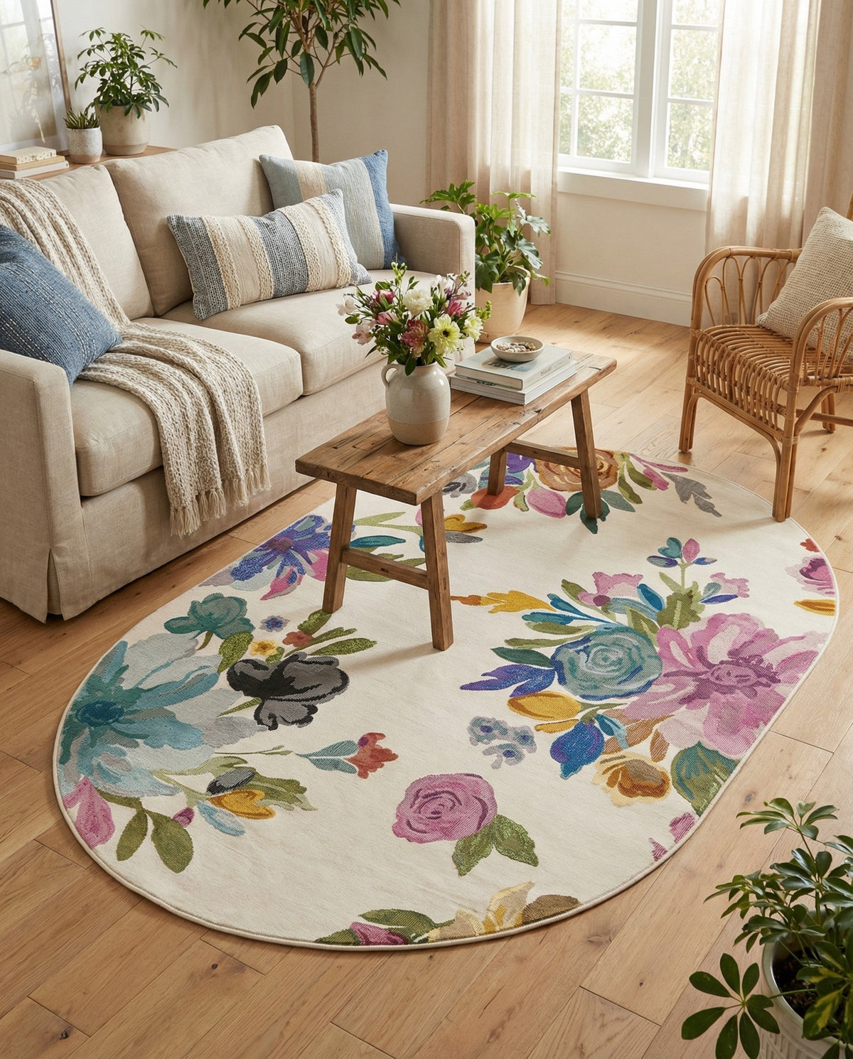 Meadow Breeze Collection Area Rug - Wildflower Oval Ivory  lifestyle 68