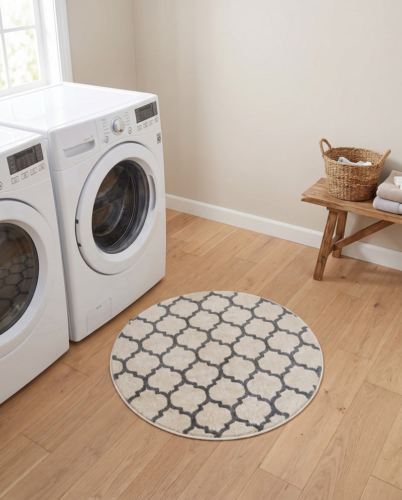 Lattice Gardens Collection Area Rug -  Bloomfield (Beige and Gray) Round Beige and Gray  lifestyle 85