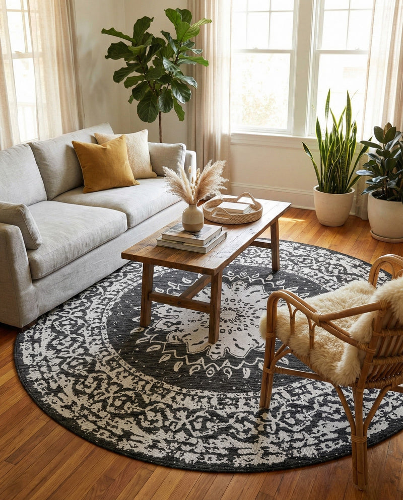 Patio Heritage Collection Area Rug -  Lafayette (Black and White) Round Black and White  lifestyle 28