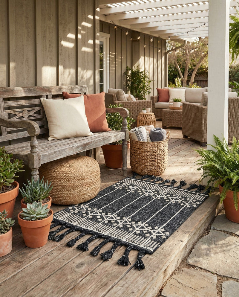 Sustainable Nomad Terrace Collection Area Rug - Reef Rectangle Charcoal Black  lifestyle 53