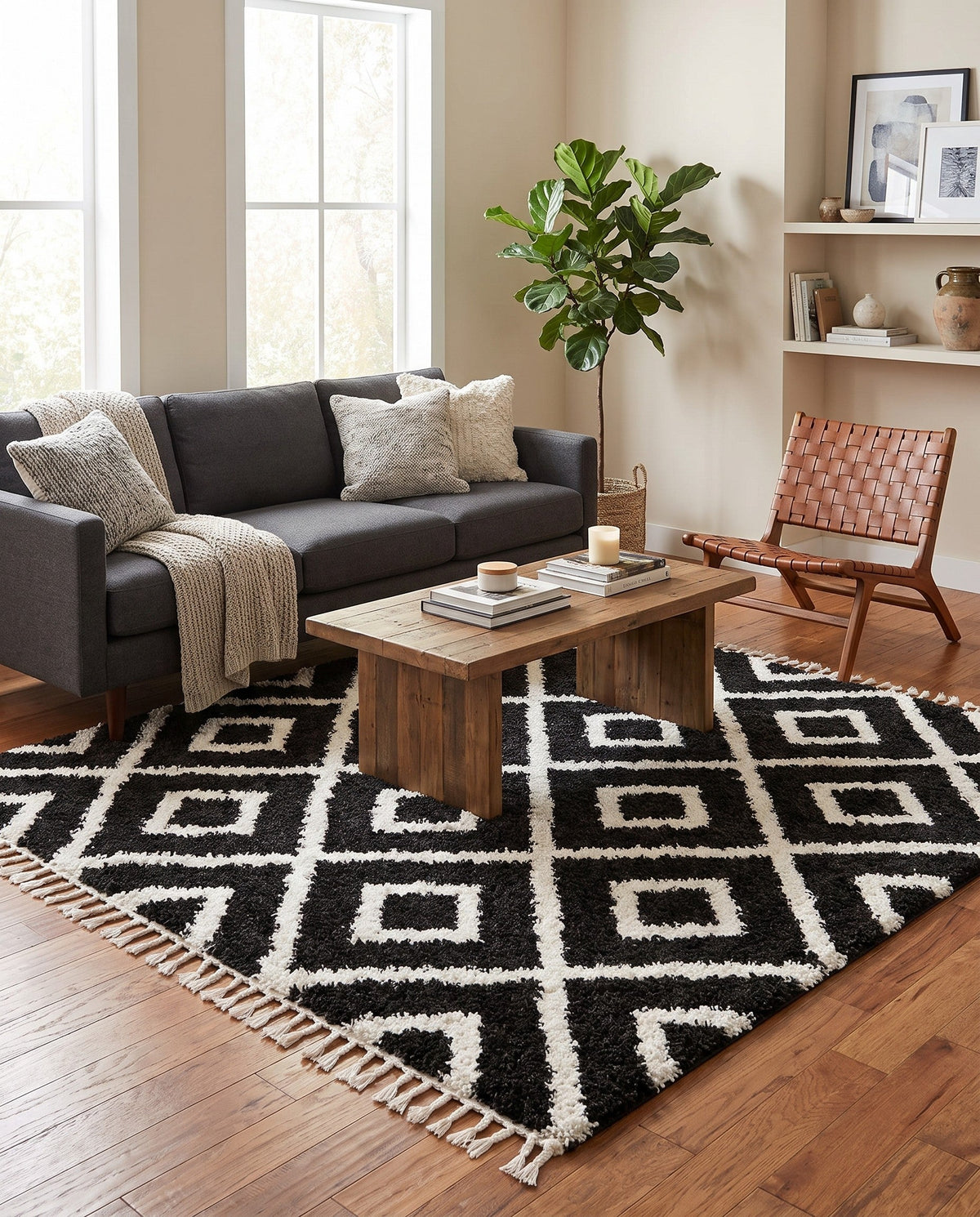 Cozy Cove Shag Collection Area Rug -  Dunes Square Black and White  lifestyle 181