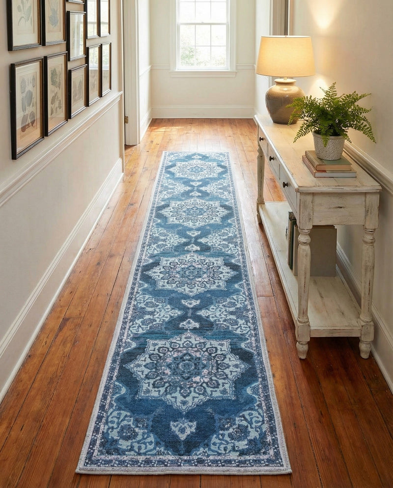 Baroque Era Collection Area Rug - Versailles (Navy Blue) Runner Navy Blue  lifestyle 36