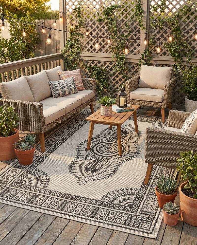Patio Heritage Collection Area Rug -  Biloxi Rectangle White and Black  lifestyle 16
