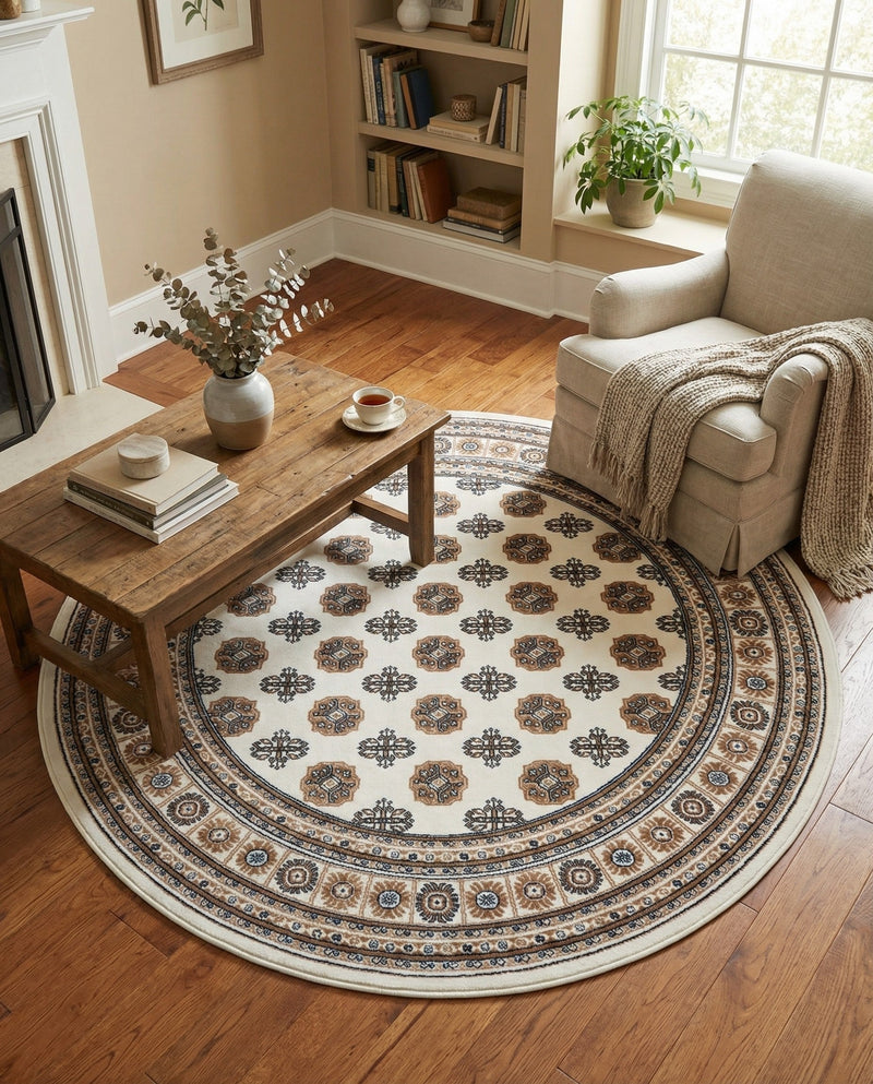 Samarkand Elegance Collection Area Rug -  Margilan (Ivory) Round Ivory  lifestyle 77