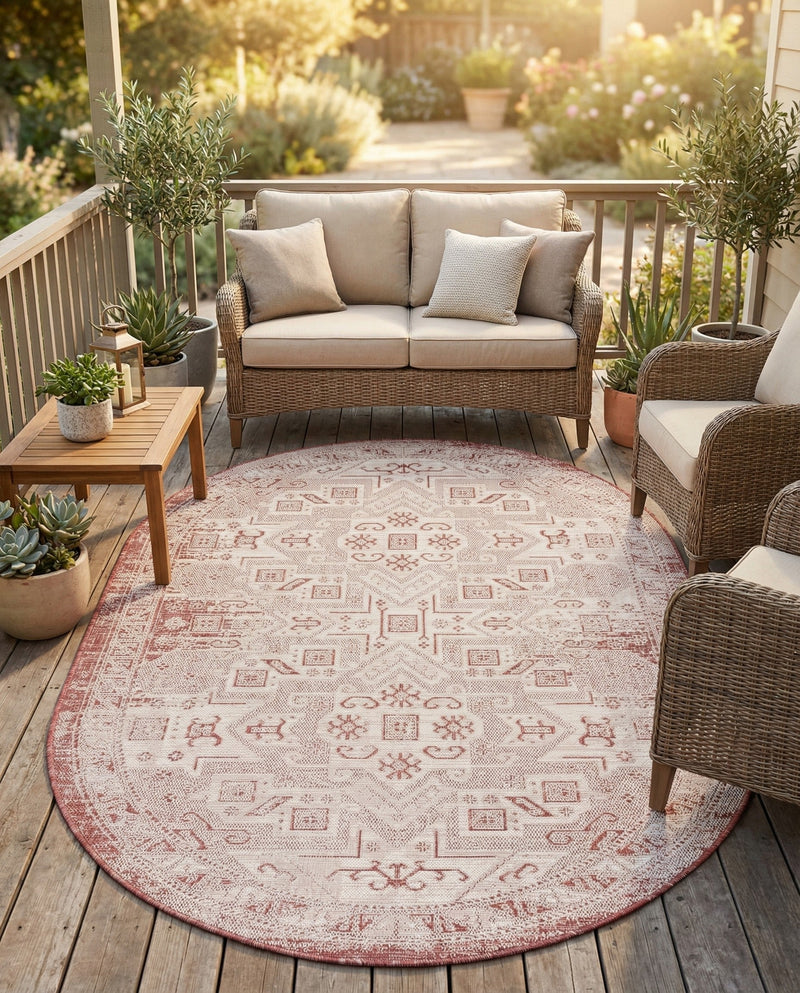 Tribal Terrace Treasures Collection Area Rug - Mayan Marina (Rust Red) Oval Rust Red  lifestyle 33