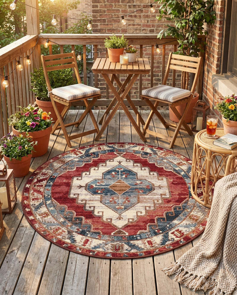 Patio Heritage Collection Area Rug -  Alcove Round Red and Navy Blue  lifestyle 35