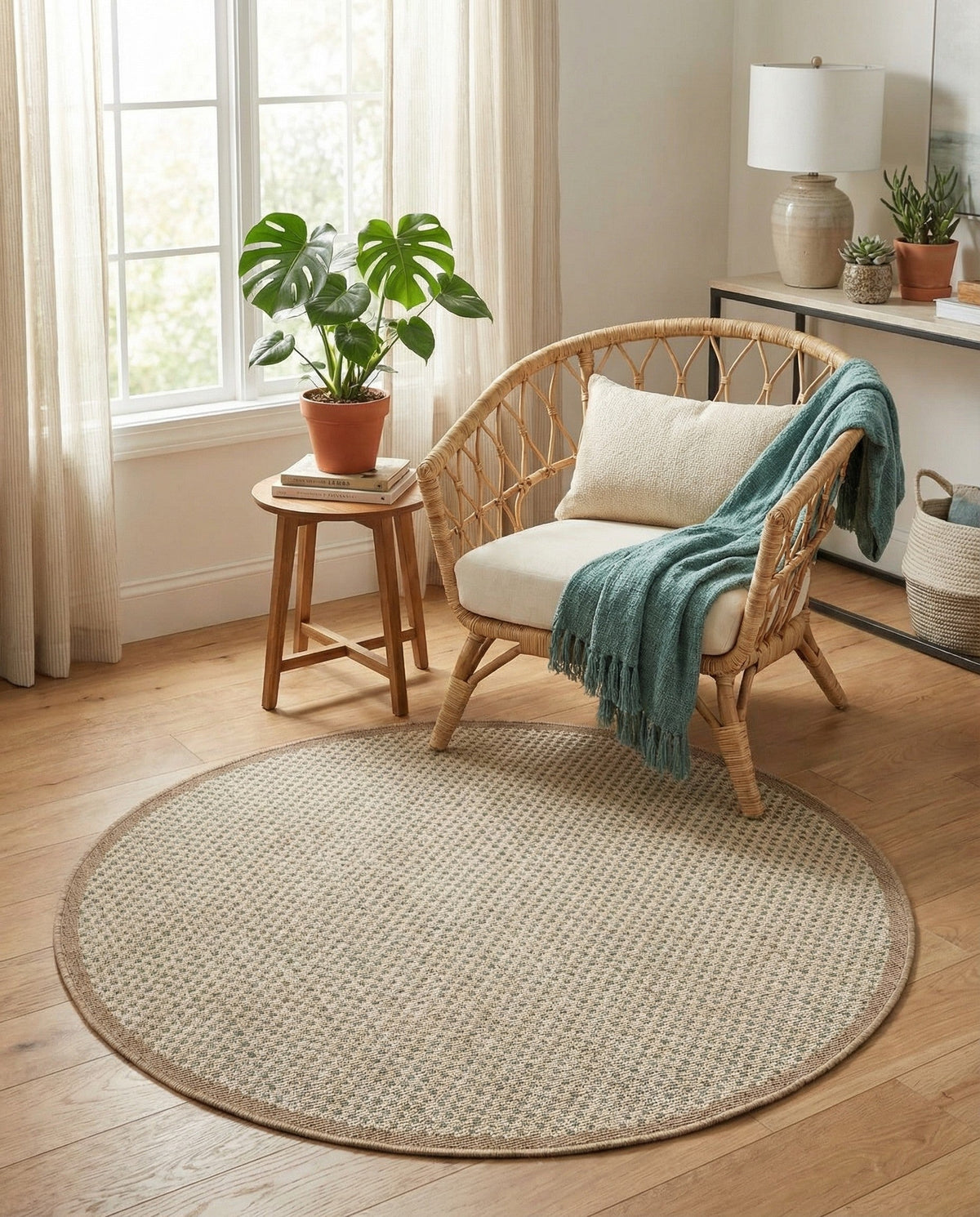 Terrace Fringe Collection Area Rug - Patio Round Beige  lifestyle 128