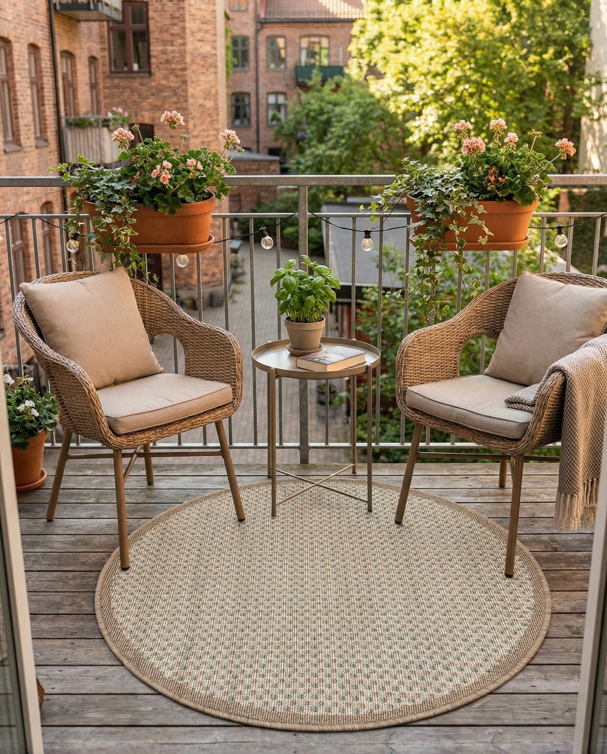 Terrace Fringe Collection Area Rug - Patio Round Beige  lifestyle 126