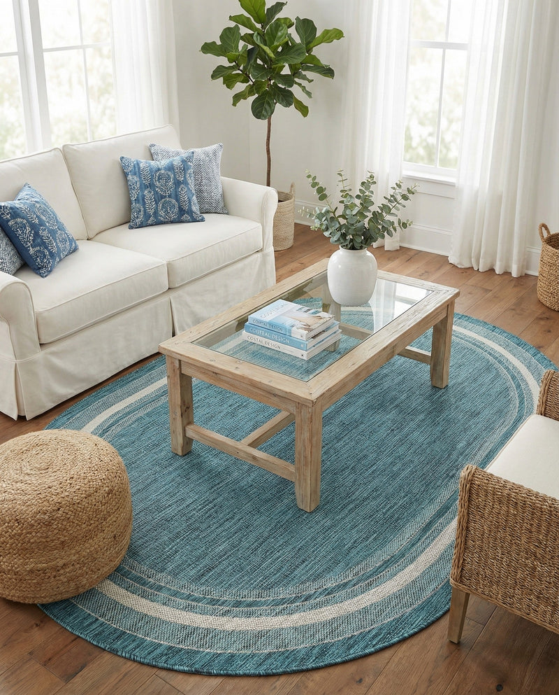 Terrace Fringe Collection Area Rug - Veranda (Teal) Oval Teal  lifestyle 82