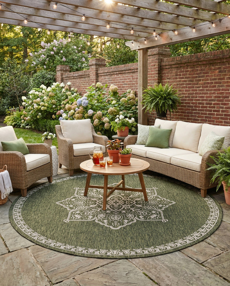 Patio Heritage Collection Area Rug -  Charleston (Green) Round Green  lifestyle 64