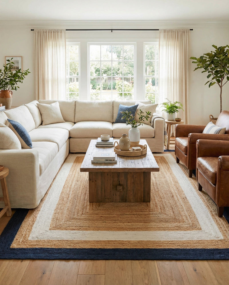 Woven Seaside Jute Collection Area Rug - Nantucket Rectangle Navy Blue White Natural  lifestyle 31