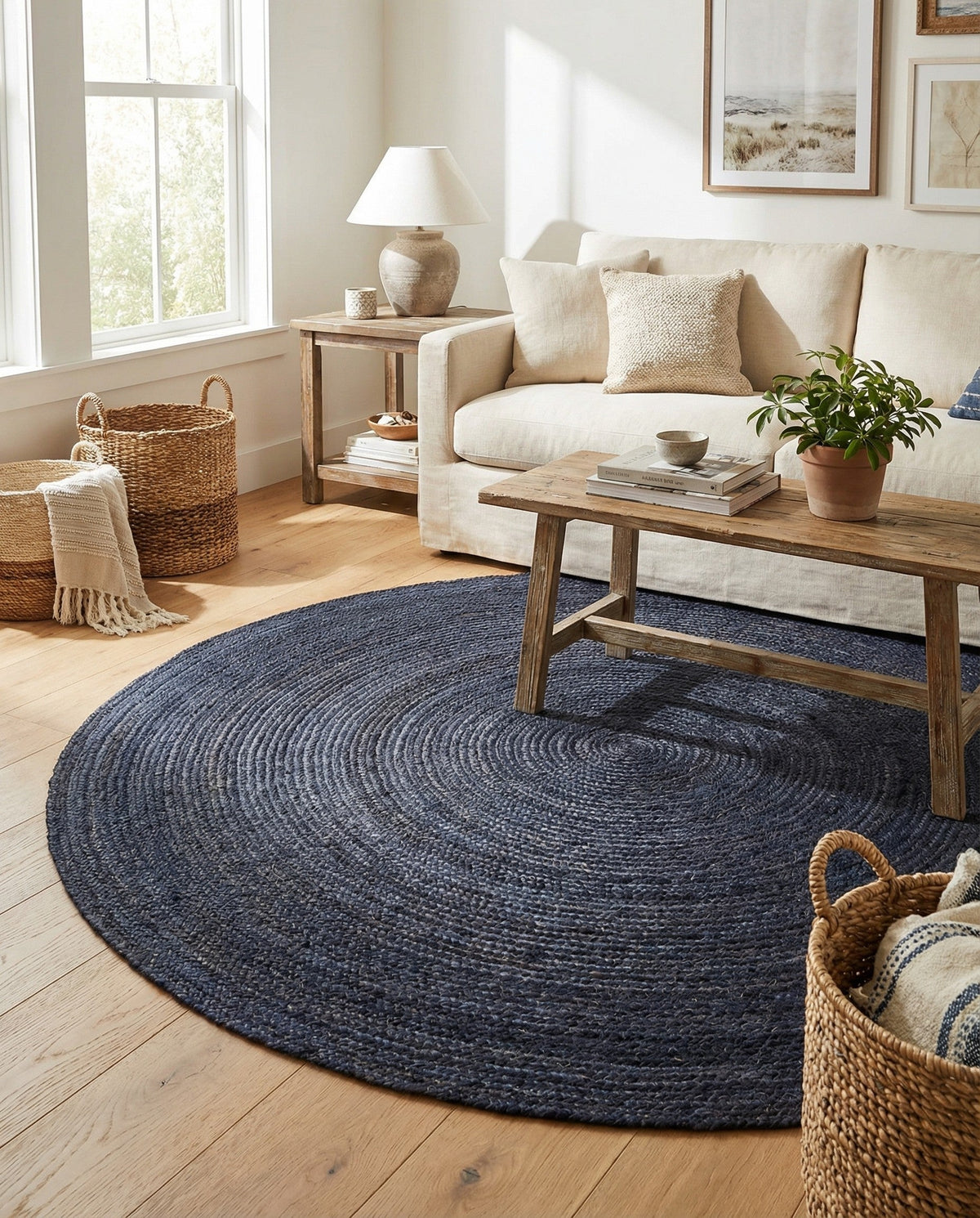Woven Seaside Jute Collection Area Rug - Savannah (Navy Blue) Round Navy Blue  lifestyle 96