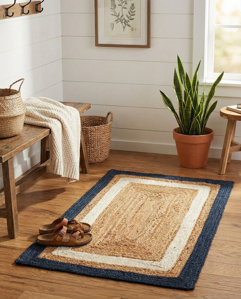 Woven Seaside Jute Collection Area Rug - Nantucket Rectangle Navy Blue White Natural  lifestyle 33