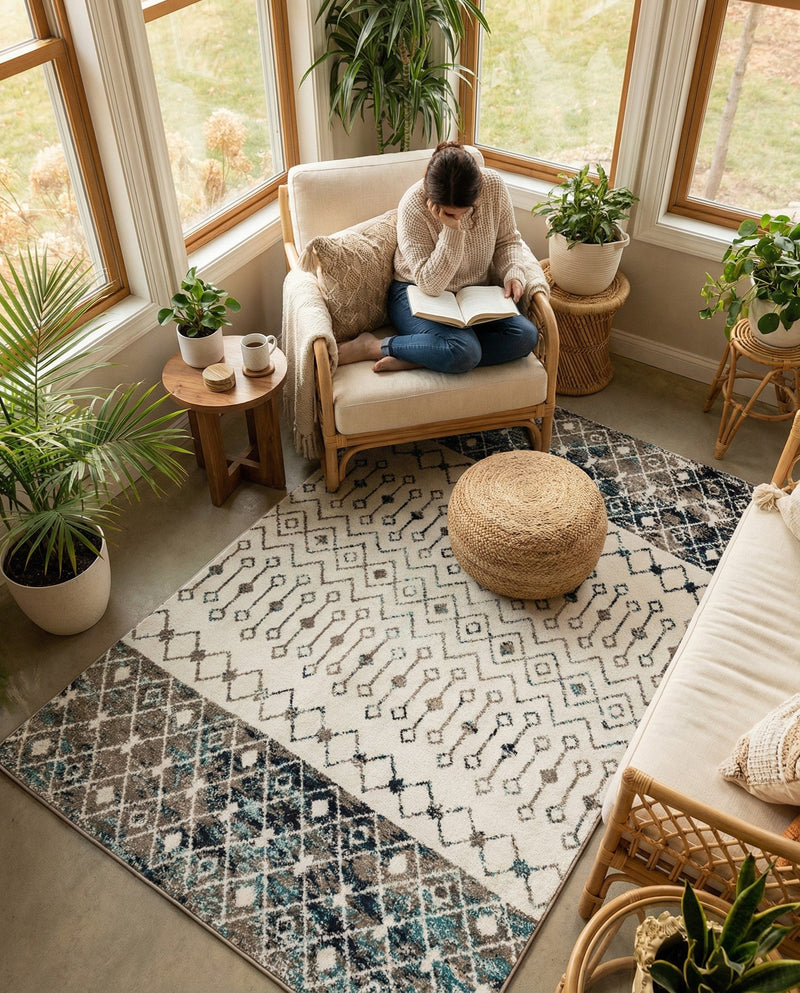 Mediterranean Lattice Collection Area Rug -  Casablanca (Ivory Gray Blue) Rectangle Ivory Gray Blue  lifestyle 7