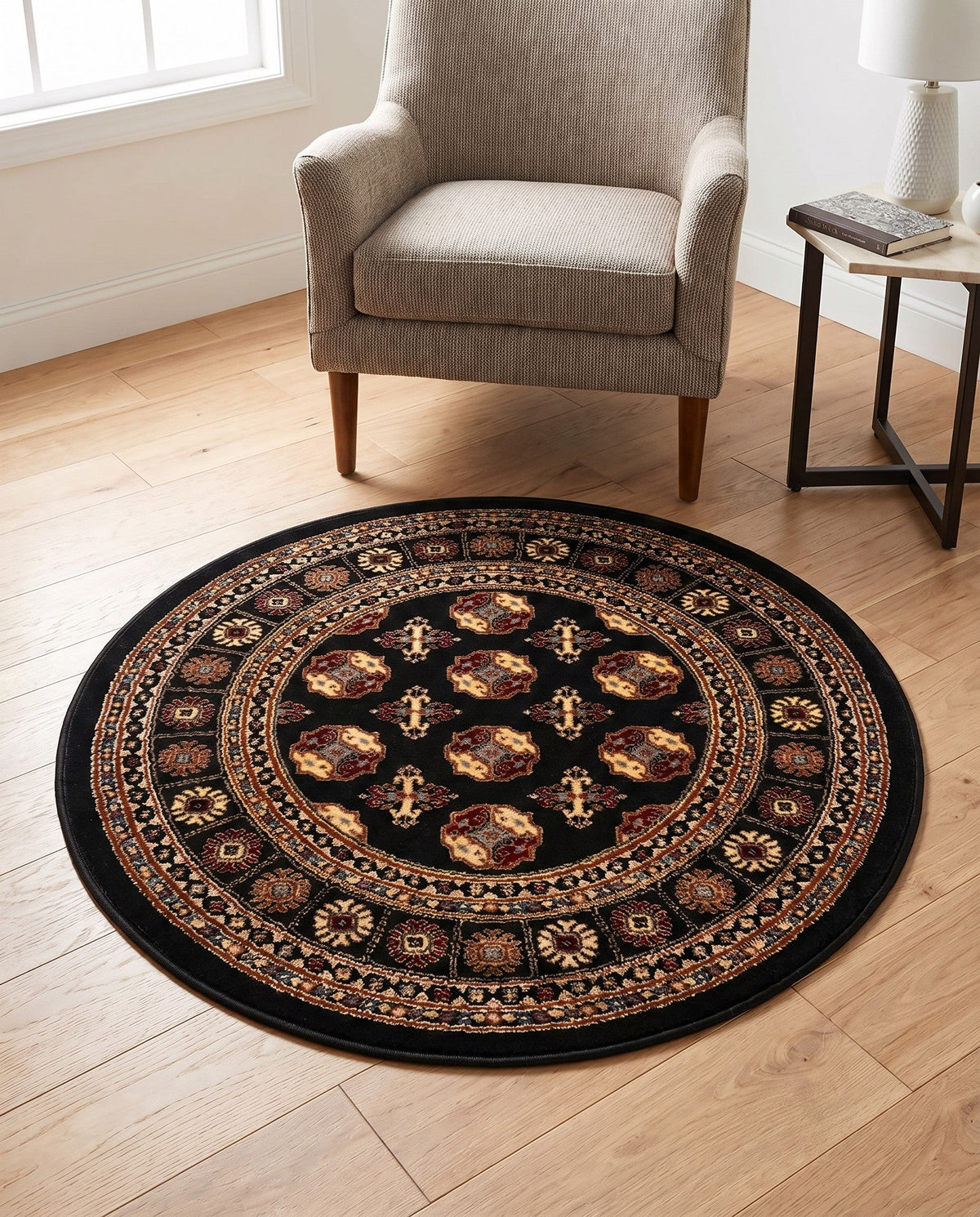 Samarkand Elegance Collection Area Rug -  Margilan (Black) Round Black  lifestyle 91