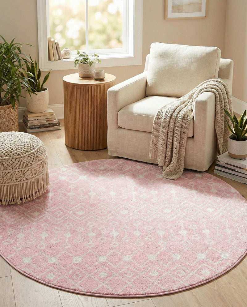 Mediterranean Lattice Collection Area Rug - Santorini (Pink) Round Pink  lifestyle 68