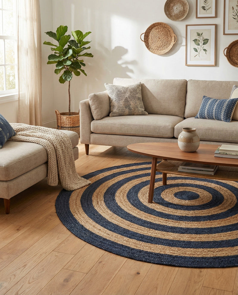 Woven Seaside Jute Collection Area Rug - Nautilus Round Navy Blue Natural  lifestyle 64