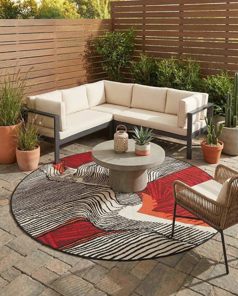 Urban Terrace Collection Area Rug -  Porch Round Red and Black  lifestyle 55