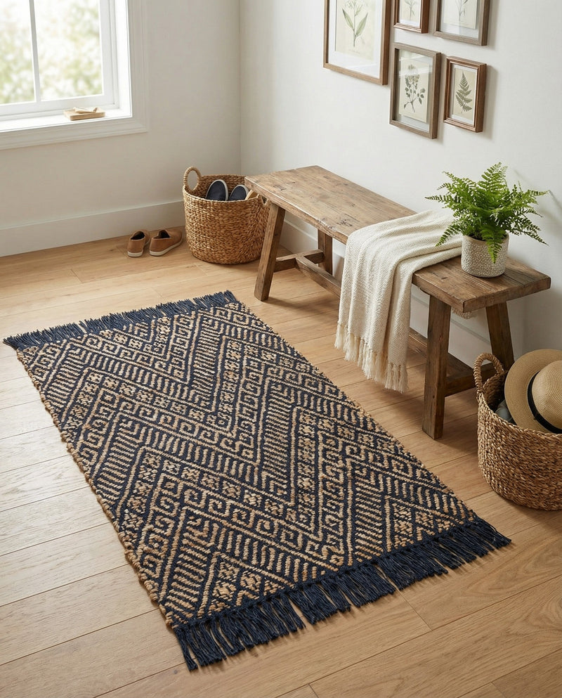 Woven Seaside Jute Collection Area Rug - Oia Rectangle Navy Blue and White  lifestyle 24