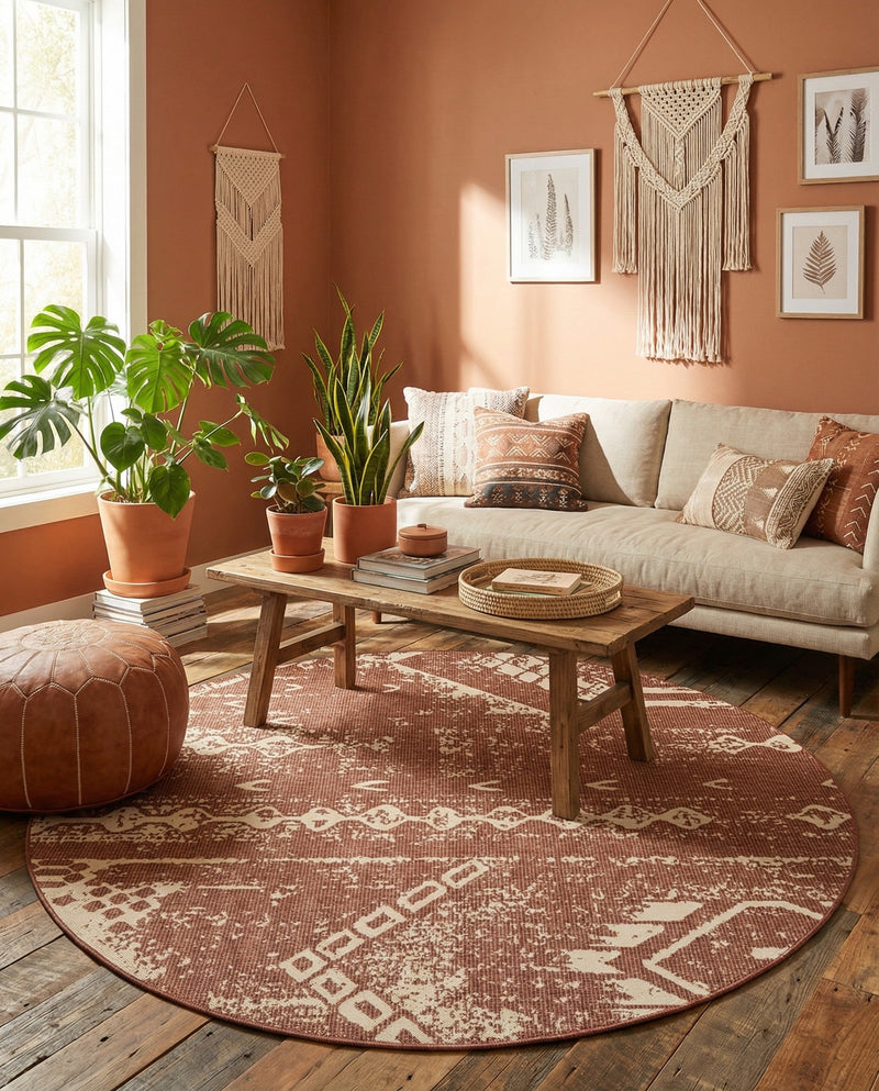 Desert Nomad Terrace Collection Area Rug - Sahara (Rust Red) Round Rust Red  lifestyle 63